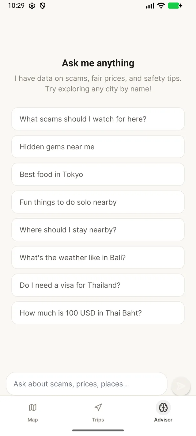 Nomarg advisor screen answering traveler questions about scams, prices and safety