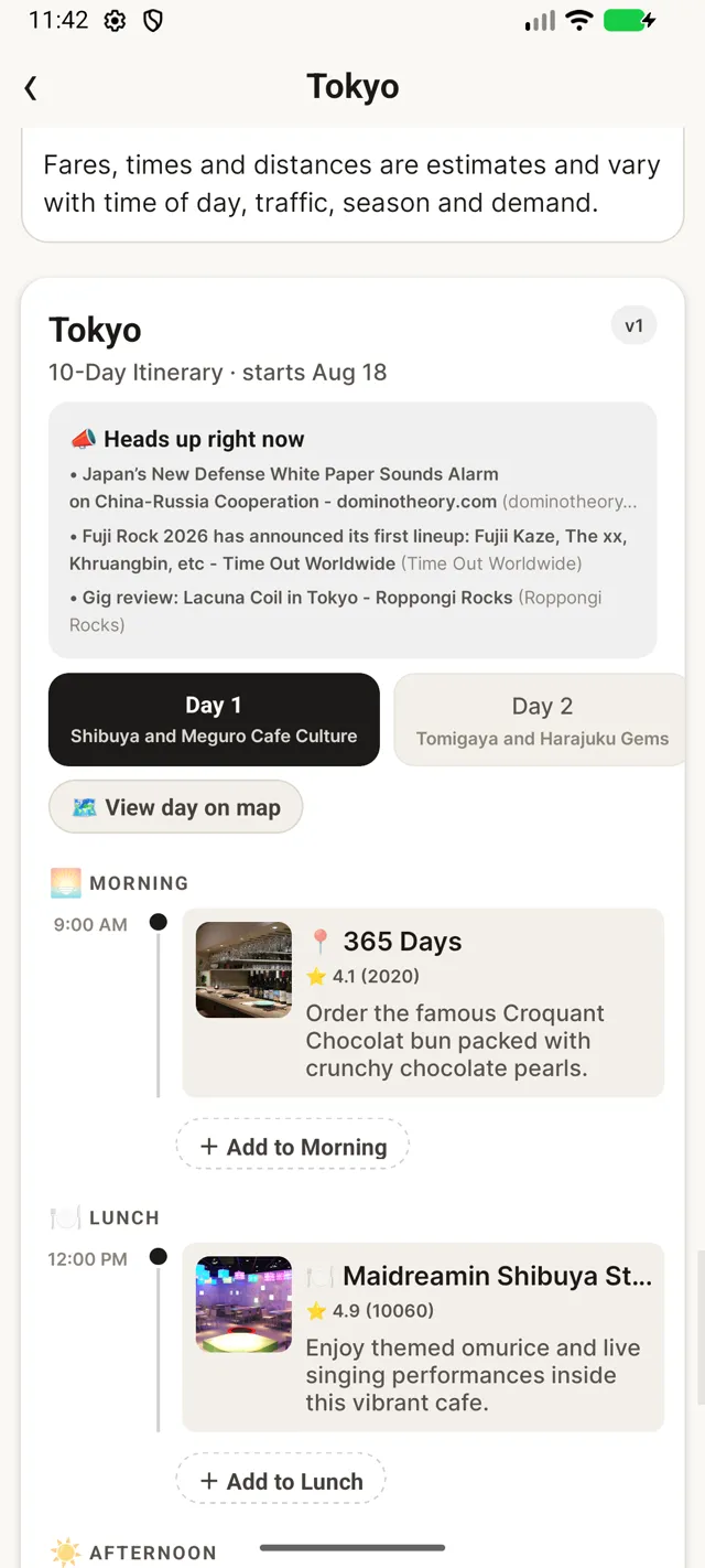 Nomarg trip planner showing a day-by-day city itinerary